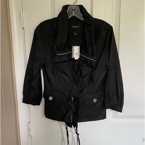 WHBM 3/4 Sleeve Funnel Neck Ruffle Front Cargo Jacket Black Size 2 NWT